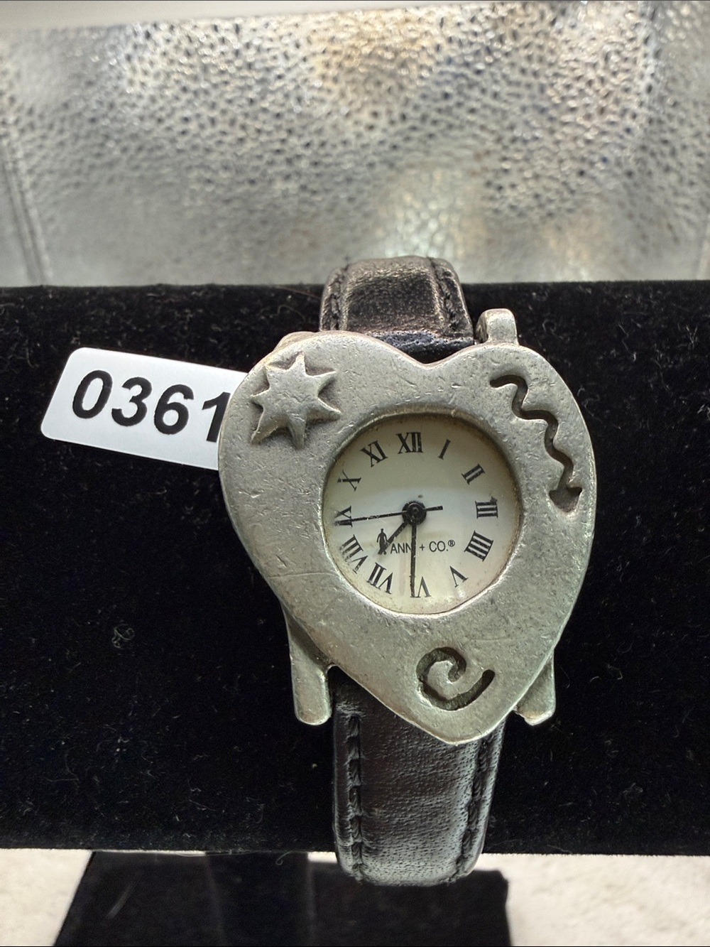 Heart-Shaped Pewter Watch with Black Leather Strap by